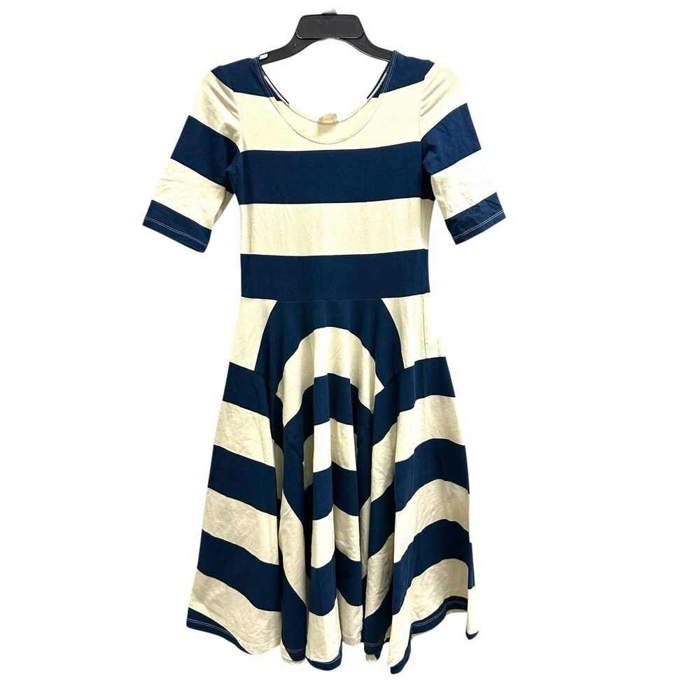 Gorman Womens Blue/Beige Striped Fit & Flare Midi Dress Short Sleeve Size 4*